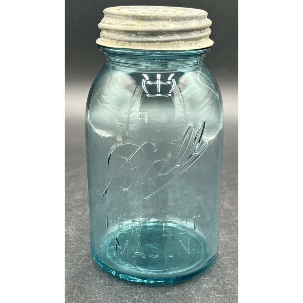 Vintage 1910-1923 BALL PERFECT MASON BLUE Mold #5 QUART Canning Jar W/ Zinc Lid